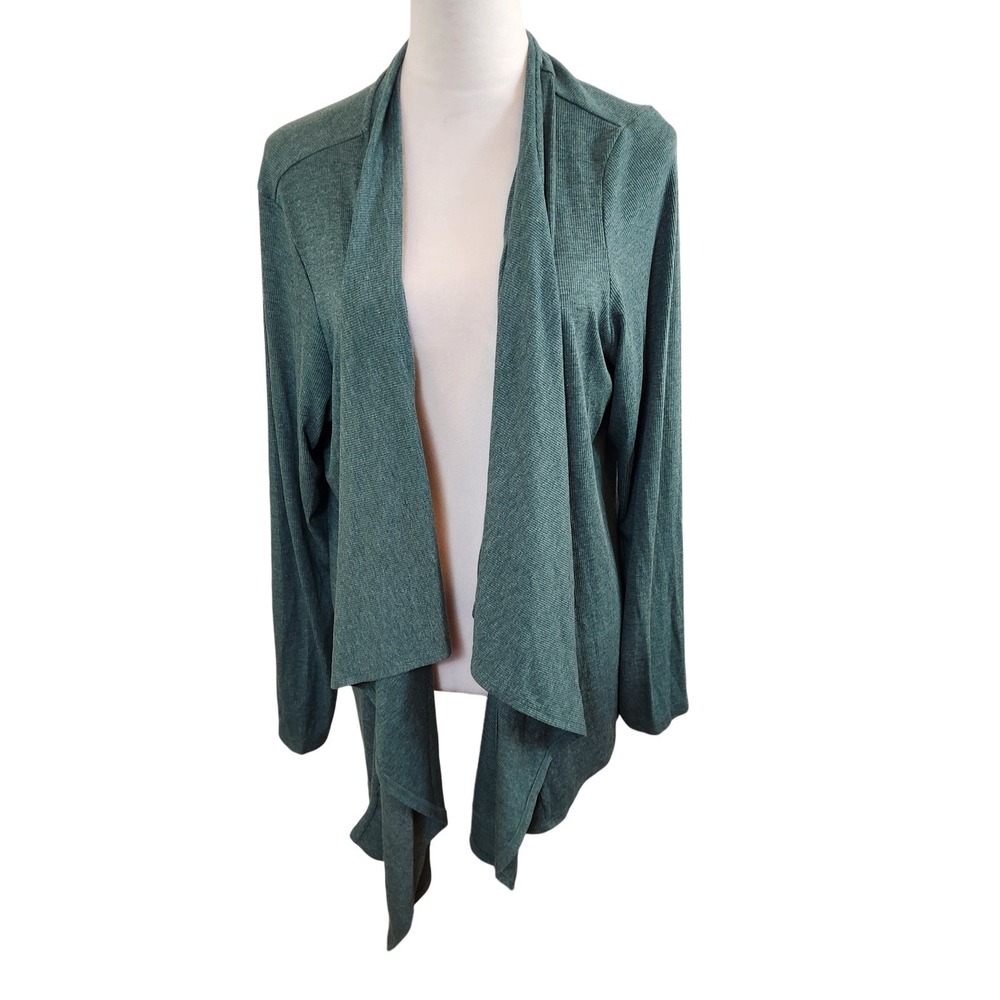 LOGO‎ Lounge Womens XL Open Front Cardigan Sweater Green Ribbed Draped Flowy Top